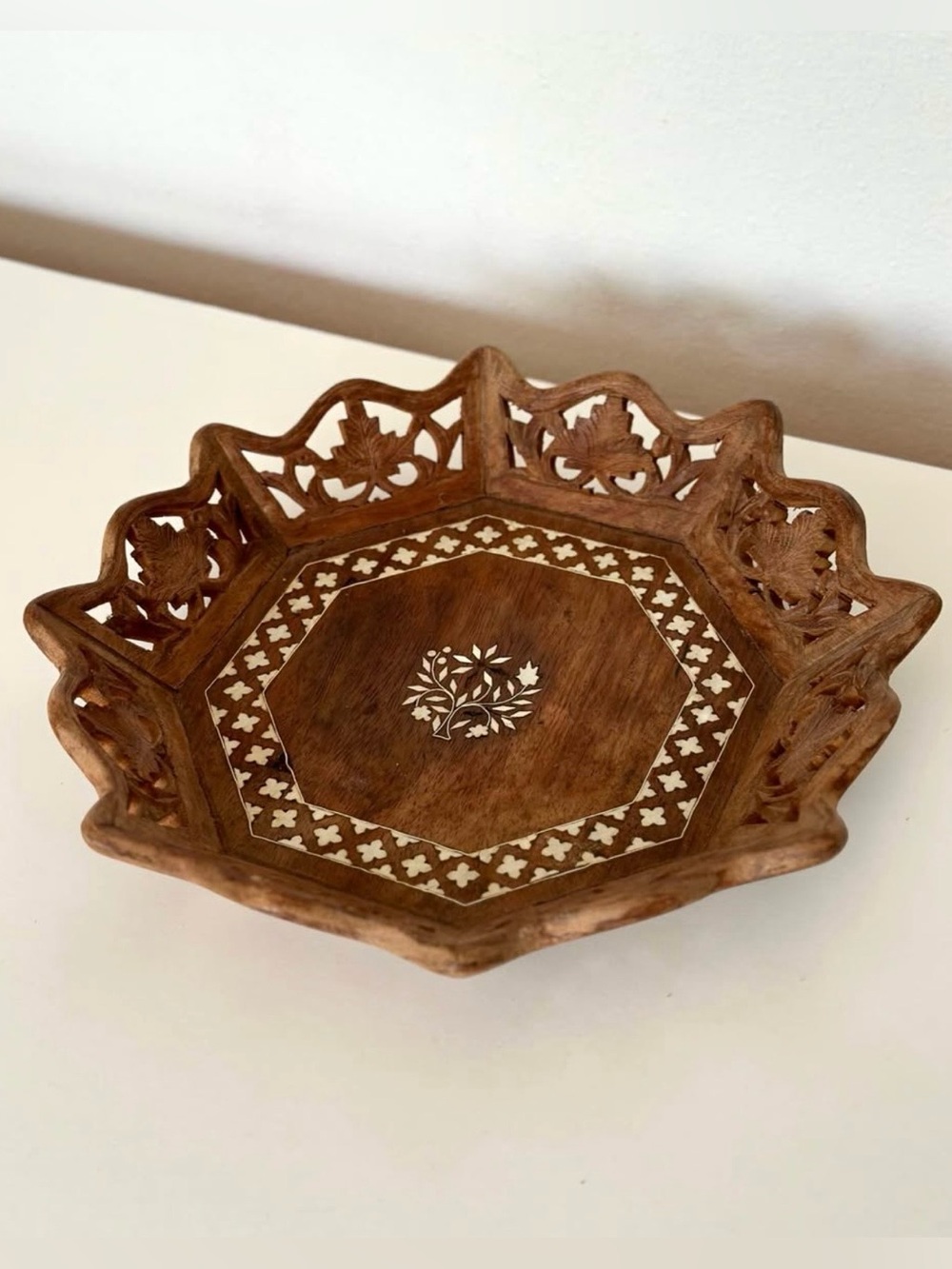 Vintage Hand Carved Inlay Floral Wood Intricate Detailed Decorative Bowl